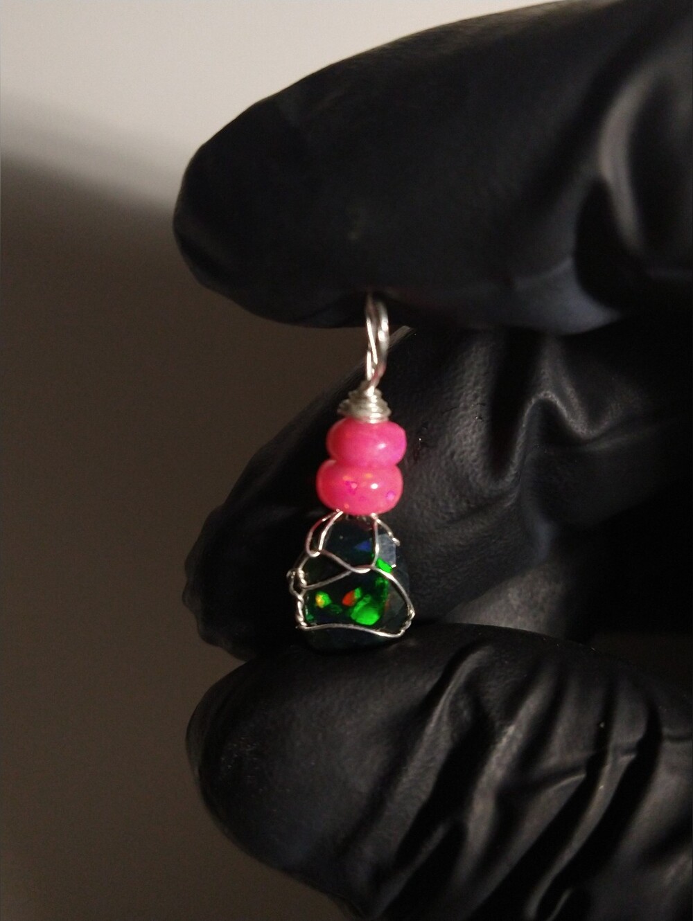 Beautiful Natural Smoked Black and Pink Opal Sterling Silver Wire Wrap Pendant